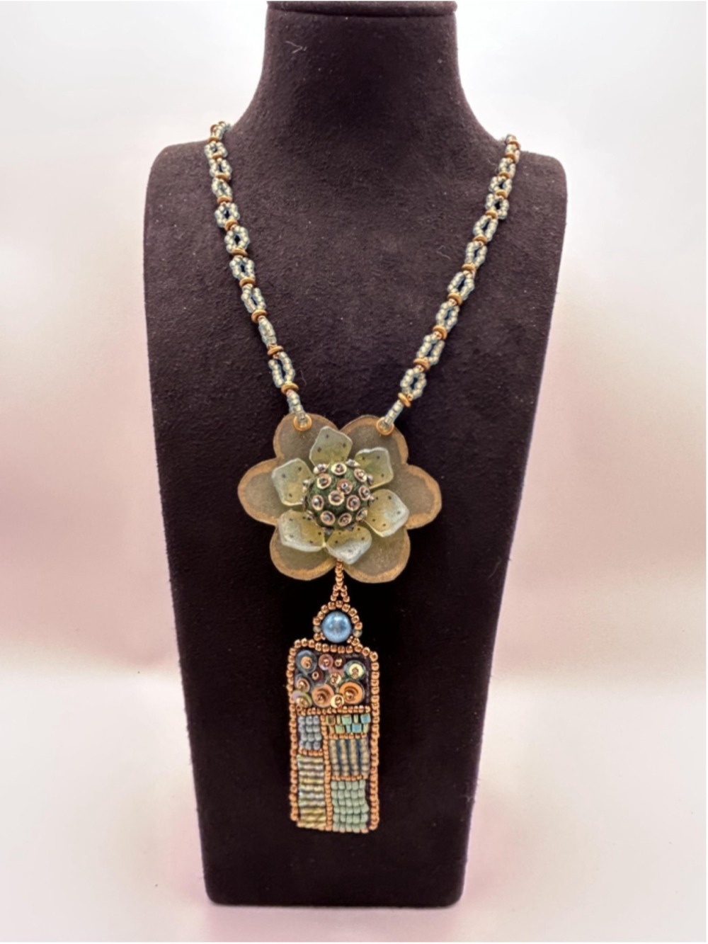 Necklace Handmade Green Beaded Resin Flower Pendant Statement 17 In Boho Womens